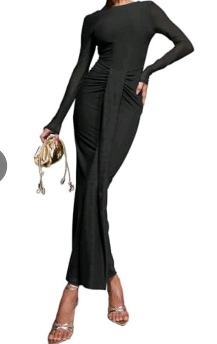 Cosonsen Women’s Bodycon Dress Mesh Long Sleeve Open Back Maxi Dresses with Sash